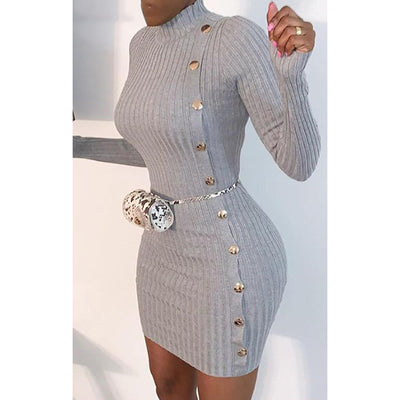 Vestido Elegante Ajustado de Manga Larga con Botón Único - Image 4