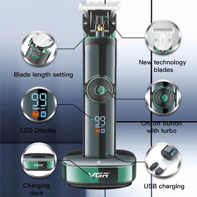 VGR V-671 professional hair clipper in dark green and black with charging base, digital display, and four guide combs. - Image 2