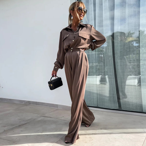 Conjunto de Camisa Manga Larga con Bolsillos Falsos y Pantalón Holgado