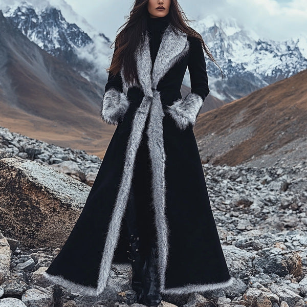 Abrigo Largo Mujer Invierno Estilo Étnico Retro Gamuza con Borde de Pelaje Sintético Negro