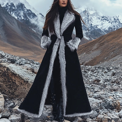 Abrigo Largo Mujer Invierno Estilo Étnico Retro Gamuza con Borde de Pelaje Sintético Negro
