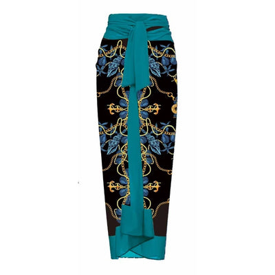 Women's one-piece swimsuit with a black, gold chain, and anchor pattern, featuring a large teal flower on one shoulder. - Image 10
