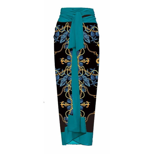 Women's one-piece swimsuit with a black, gold chain, and anchor pattern, featuring a large teal flower on one shoulder. - Image 10