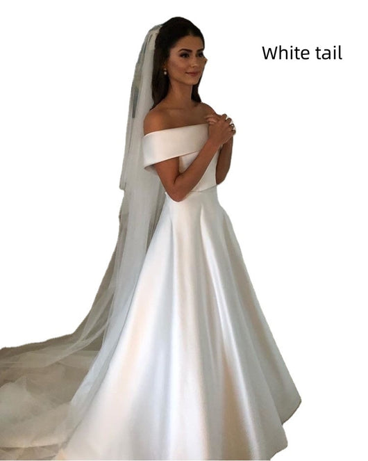 Vestido de Novia Satén Línea A Hombros Descubiertos con Cola Barrida - Image 7