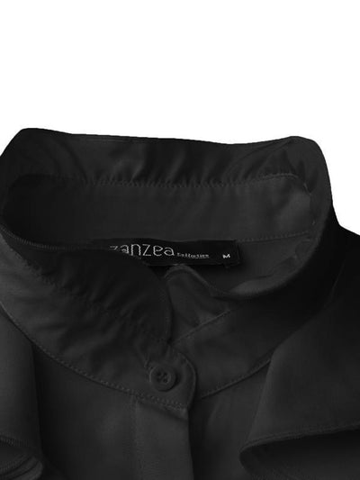 Blusa Clásica de Botones con Volantes y Colores Sólidos - Image 11