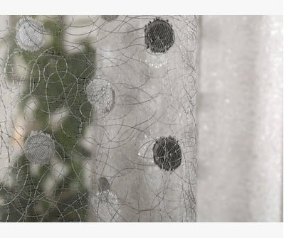 Grey and white two-tone blackout curtains with a sheer polka dot panel, hung on a white grommet rod. - Image 5