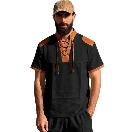Camiseta Casual Hombre Estilo Medieval con Cuello Cordón - Image 5