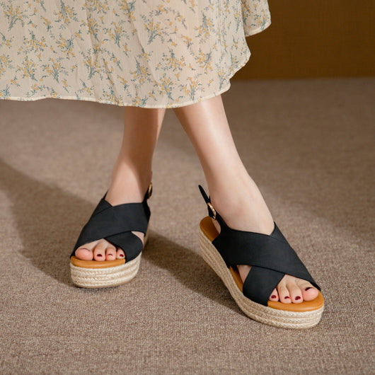 Sandalias Cuña Plataforma con Tiras Cruzadas y Suela de Cuerda