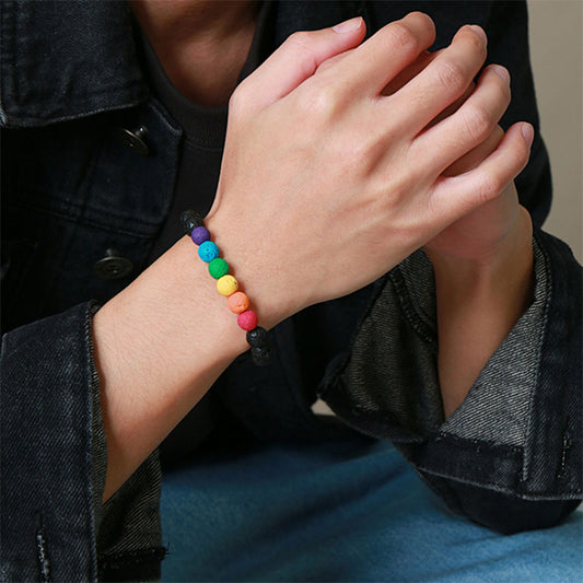 Pulsera de Piedra Volcánica Arcoíris Ajustable con Cuentas de Colores