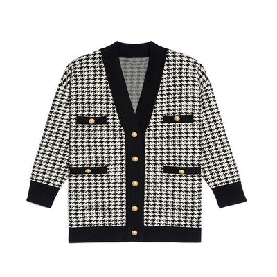 Cardigan Tejido Suelto con Cuello V y Detalles en Contraste para Mujer - Image 7