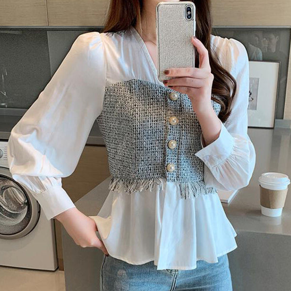 Blusa Elegante Hada de Temperamento - Cuello en V, Manga Larga y Cintura Ajustada