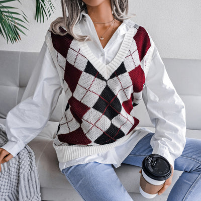 Suéter Escote en V con Diamantes - Estilo Universitario Europeo para Otoño e Invierno - Image 6