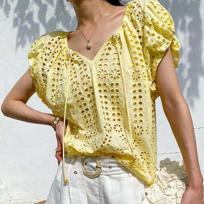 Blusa Bordada Estilo Vacacional Manga Corta Diseño Francés de Verano