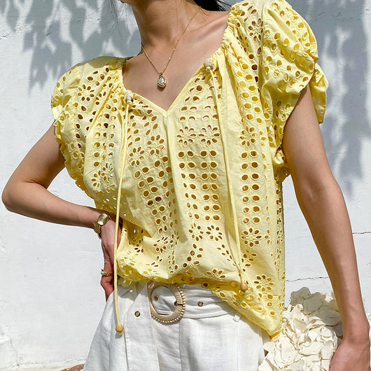 Blusa Bordada Estilo Vacacional Manga Corta Diseño Francés de Verano