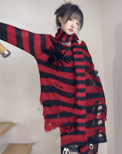 Bufanda Harajuku Punk Rayas Gris Rojo Negro - Image 6