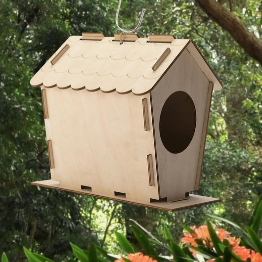 Unfinished wooden birdhouse with a scalloped roof, circular entrance, and hanging loop, ready for DIY decoration. - Image 8