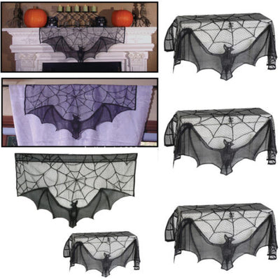 Black lace Halloween curtain with a spider web pattern and a hanging bat figure, perfect for spooky decor. - Image 3
