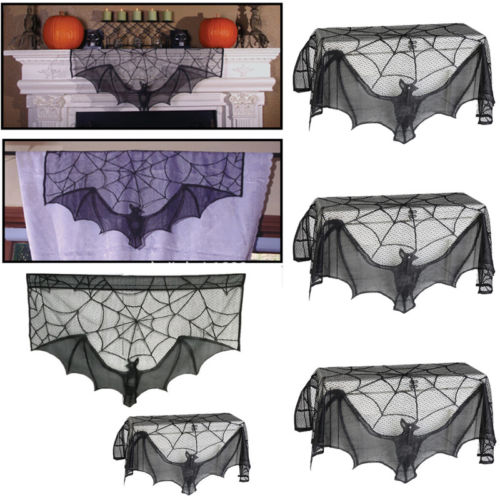 Black lace Halloween curtain with a spider web pattern and a hanging bat figure, perfect for spooky decor. - Image 3