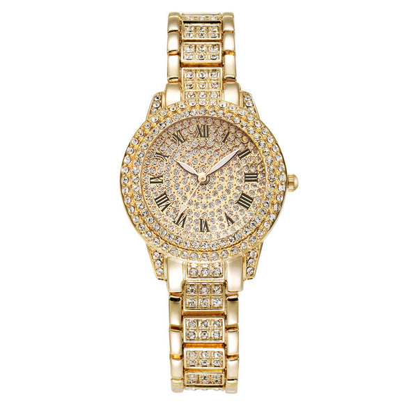 Juego de Reloj y Pulsera de Acero Inoxidable con Números Romanos y Diamantes