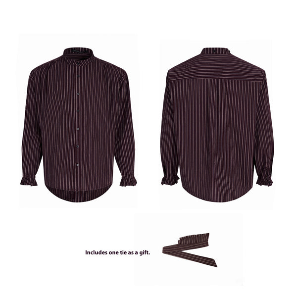 Camisa Vintage de Rayas Verticales Estilo Francés con Corbata Integrada