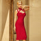 Vestido Midi Rojo con Tirantes y Cuello Alto