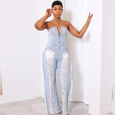 Mono Denim Ajustado con Detalles de Pedrería y Ojales Decorativos - Image 13