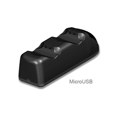 Black dual charging dock for PS4 wireless controllers with green LED indicators, shown with its retail box and USB cable. - Image 4