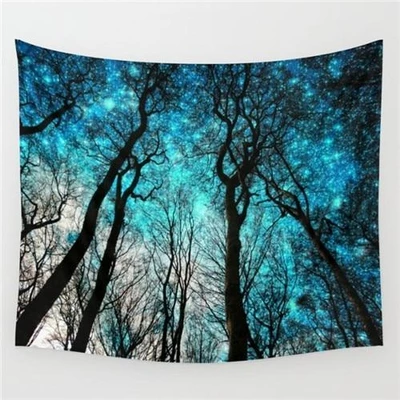 Rectangular tapestry featuring a dark forest silhouette against a vibrant blue, star-filled night sky.