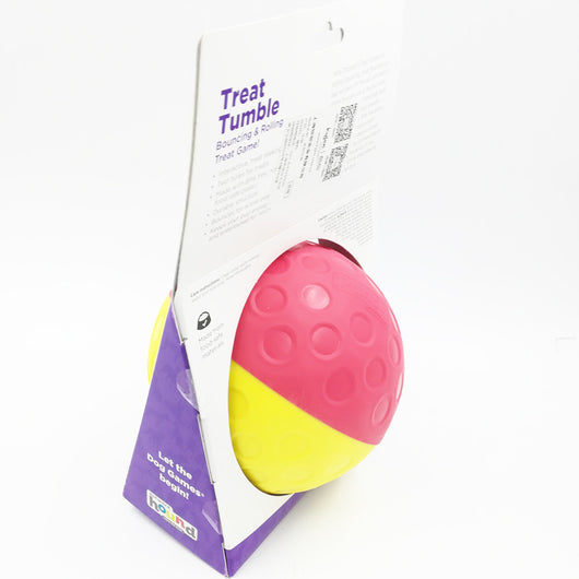 Small Outward Hound Treat Tumble dog toy in blue and yellow, a bouncing and rolling slow feeder. - Image 2