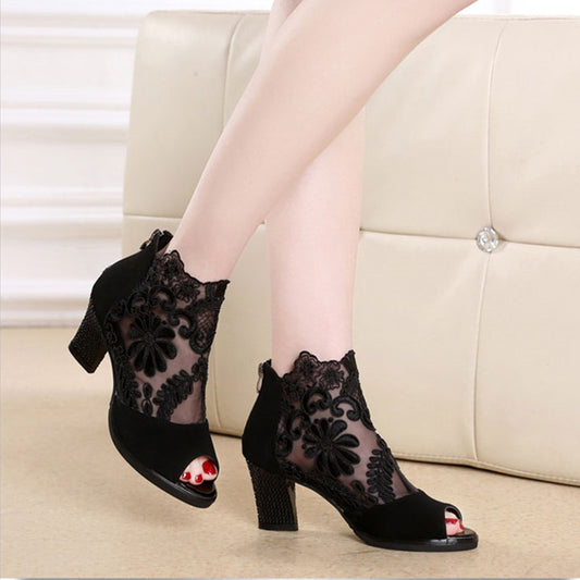 Tacones Altos de Encaje Grueso y Transpirable