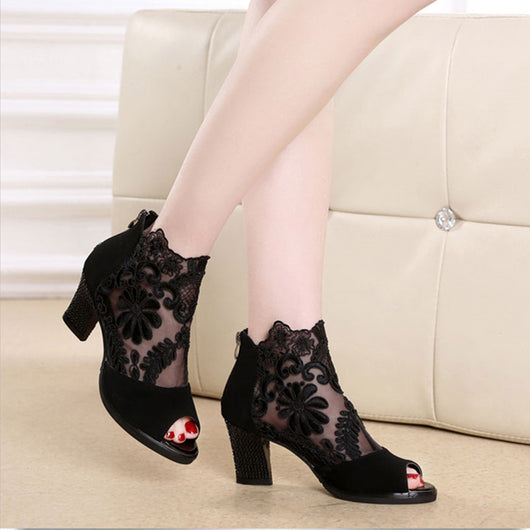Tacones Altos de Encaje Grueso y Transpirable