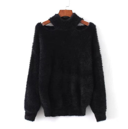 Suéter Pullover de Cuello Alto Elegante con Escote Descubierto en Polar de Visón