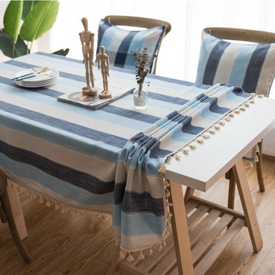 Mantel Impermeable Estilo Mediterráneo a Rayas Azules con Borlas - Image 4