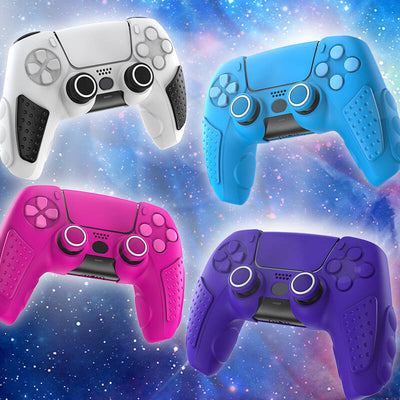 White silicone protective sleeve for PS5 controller with black textured grips and joystick caps, shown with packaging. - Image 25