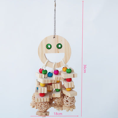 Natural wood parrot toy with a smiley face, colorful beads, wooden blocks, and rattan balls, hanging from a chain. - Image 6
