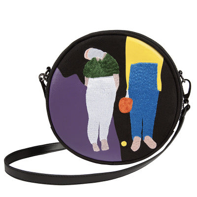 Bolso Redondo Pequeño de Lona con Bordado Diagonal - Image 3