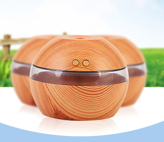 Mini essential oil diffuser humidifier with wood grain finish, USB cable, and instruction manual on a white background. - Image 6