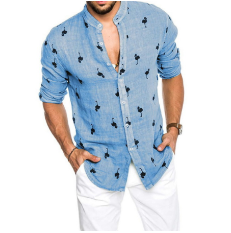 Camisa de Lino con Cuello Solapa y Combinación de Colores para Hombre