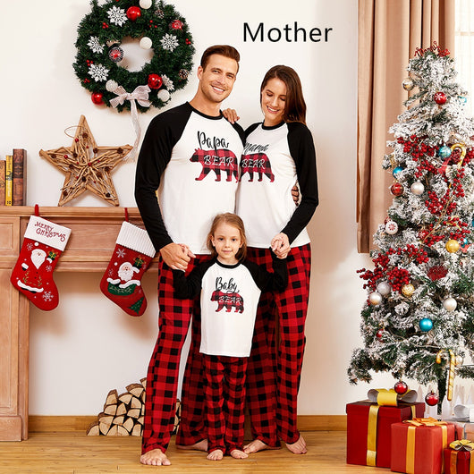 Family of three wearing matching Christmas pajamas with white tops, black raglan sleeves, and red buffalo plaid bear graphics, paired with red and black buffalo - Image 11