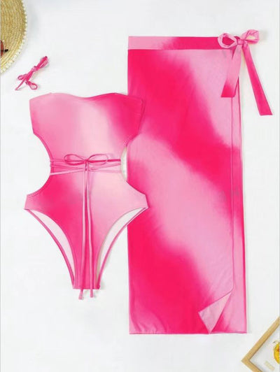 Blue ombre one-piece swimsuit with side cutouts and a matching blue ombre sarong with tie closure. - Image 8