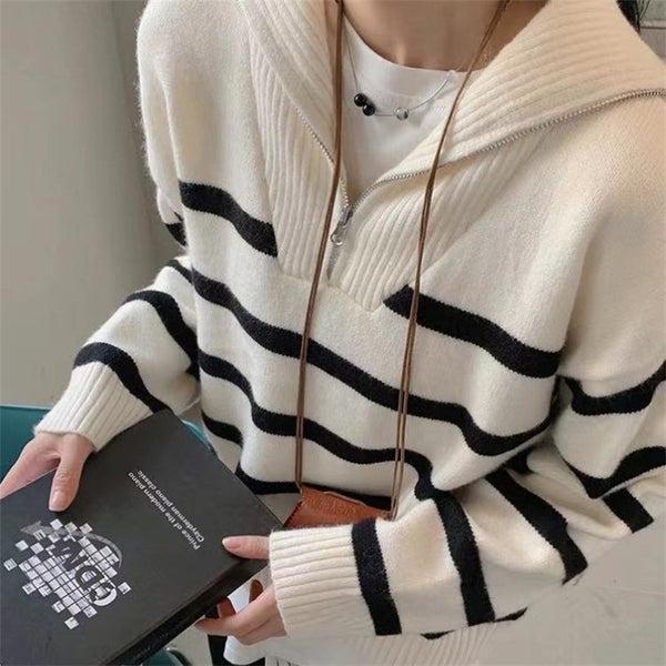 Suéter Holgado a Rayas con Cierre y Cuello Alto para Mujer