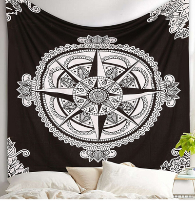 Black and white mandala tapestry with intricate geometric patterns hanging above a bed in a bedroom. - Image 9