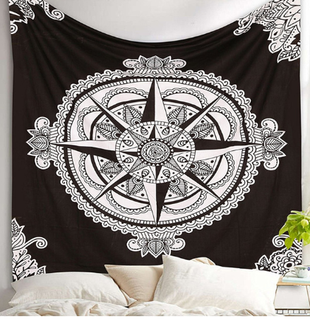 Black and white mandala tapestry with intricate geometric patterns hanging above a bed in a bedroom. - Image 9