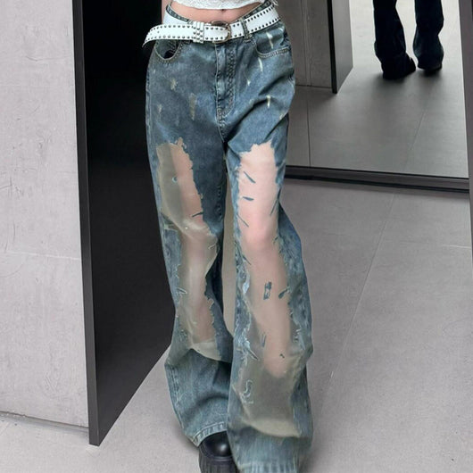 Jeans Rotos Vintage Lavado Desteñido con Detalles Calados para Mujer - Image 8