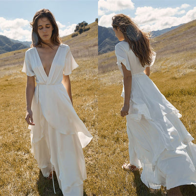 Vestido Blanco Largo Escote V Patchwork Manga Corta - Image 8