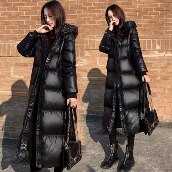 Abrigo Largo de Plumas de Ganso Negro Estilo Coreano con Acabado Brillante