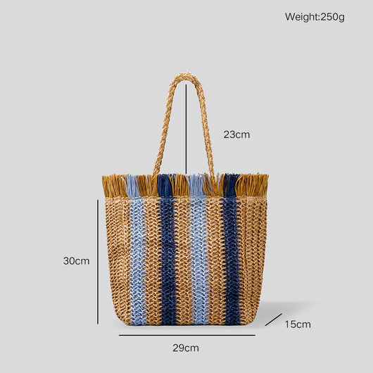 Bolsa Tote Artesanal de Rafia con Rayas y Flecos para Viajes Diarios - Image 6