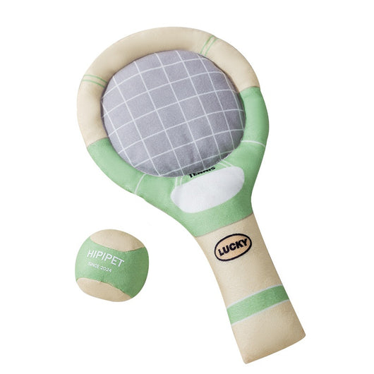 Plush dog toy set featuring a green and beige tennis racket (29cm) and a matching 6cm tennis ball. - Image 5