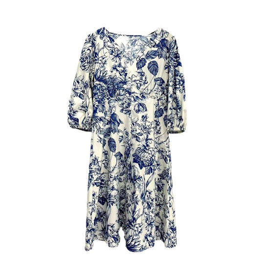 Vestido Azul y Blanco con Estampado Porcelana Chino - Cuello V Manga Media - Image 14
