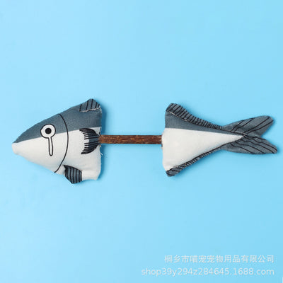 Gray and white plush catnip fish molar rod toy with a brown stick, designed for cats to chew and play. - Image 6